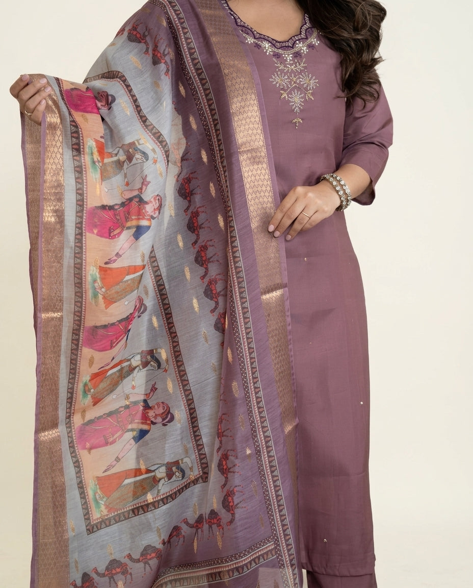 Burgundy Roman Silk Kurti Set
