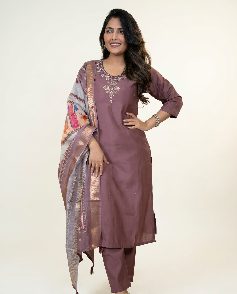 Burgundy Roman Silk Kurti Set