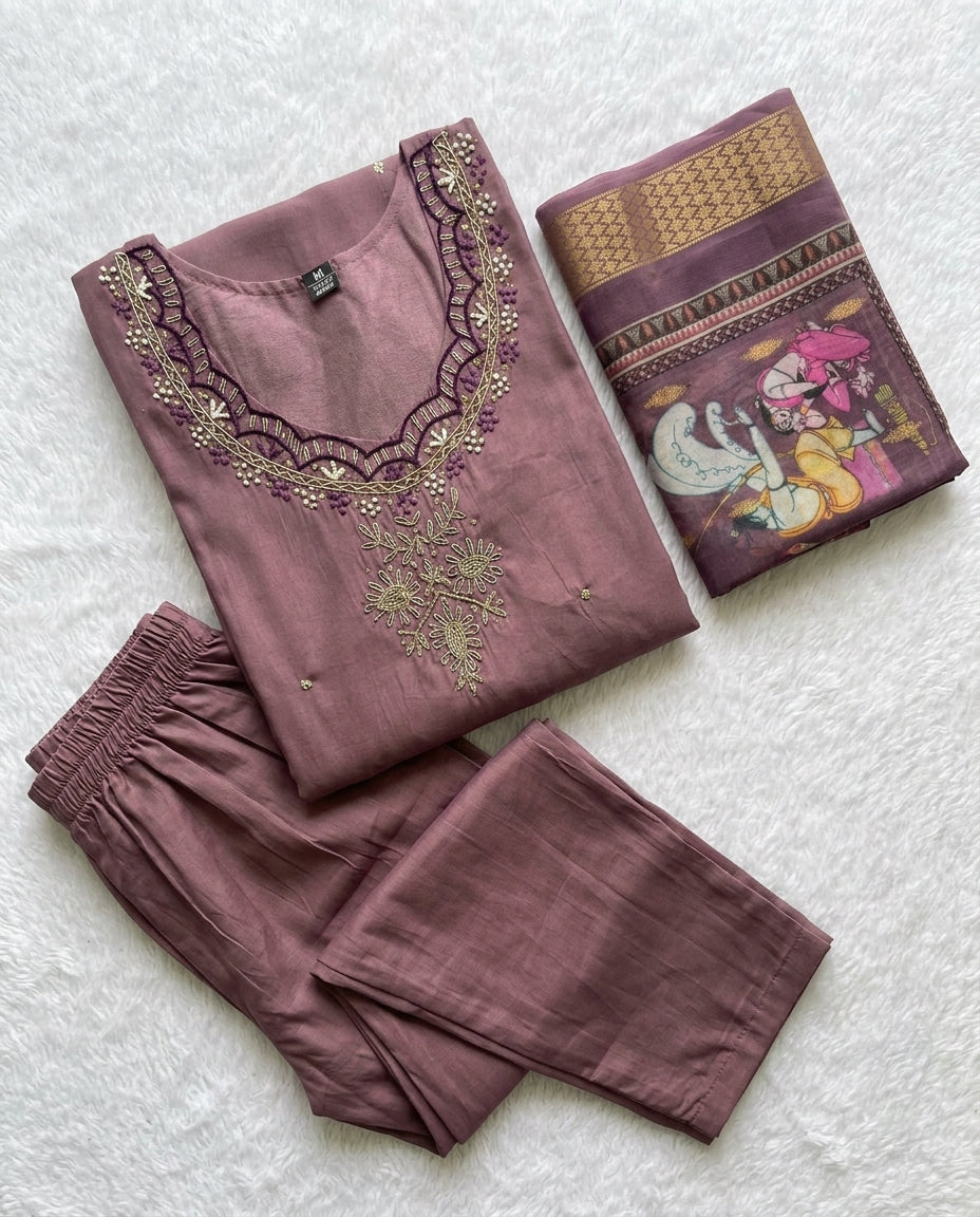 Burgundy Roman Silk Kurti Set