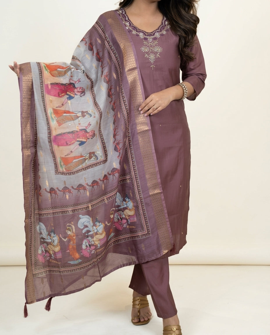 Burgundy Roman Silk Kurti Set