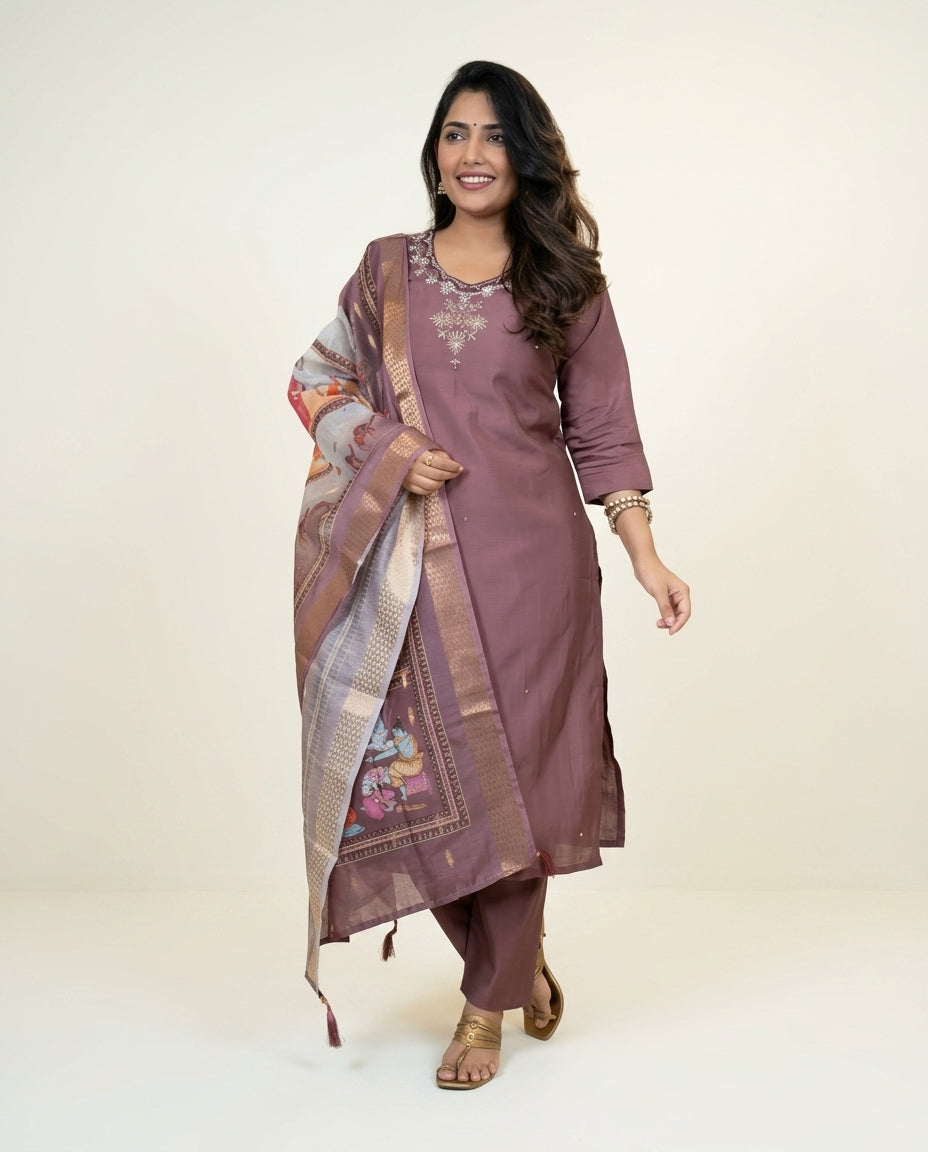 Burgundy Roman Silk Kurti Set