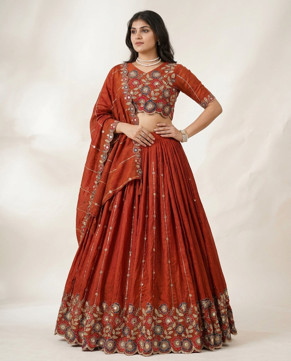 Rust Orange Embroidered Lehenga Set