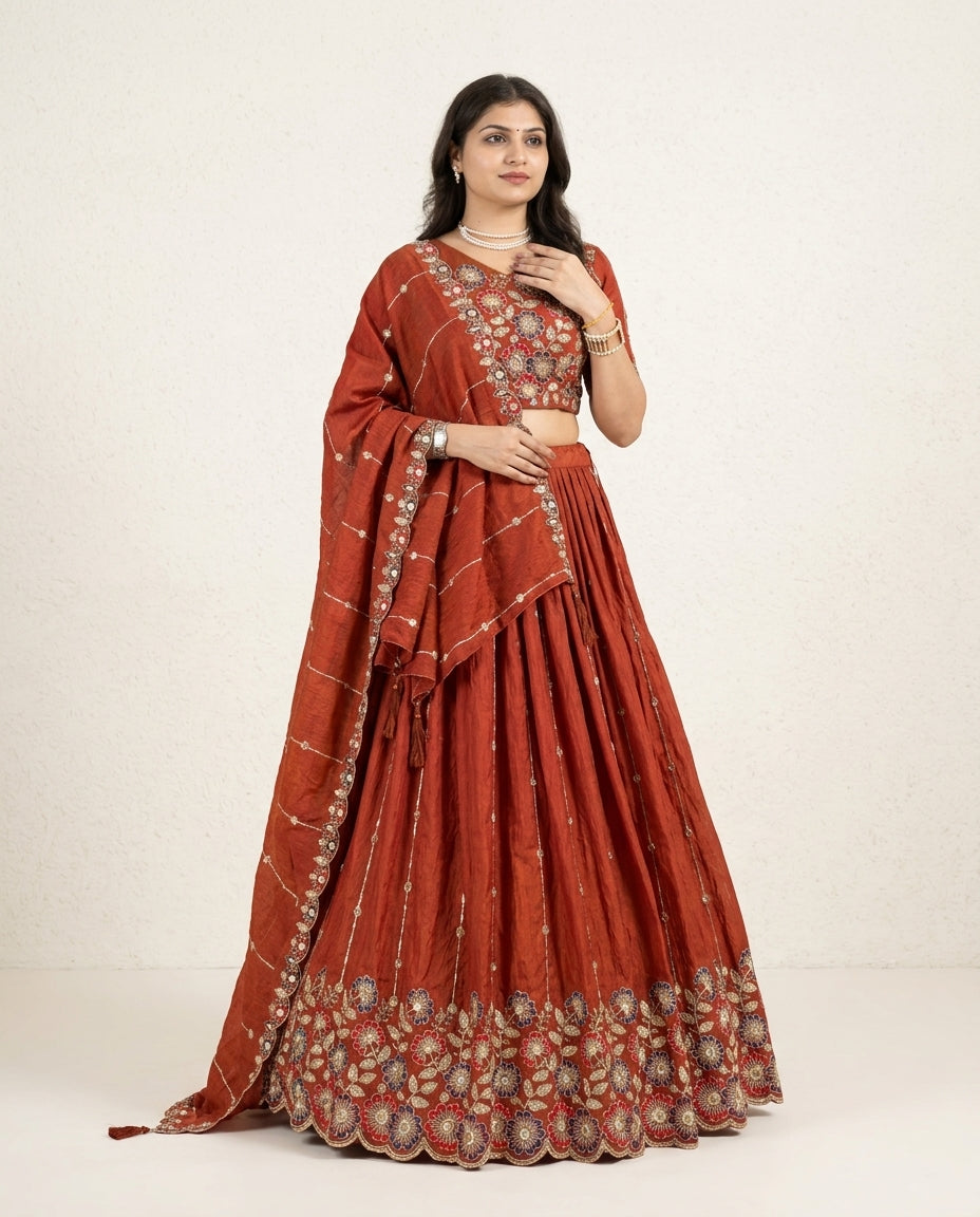 Rust Orange Embroidered Lehenga Set