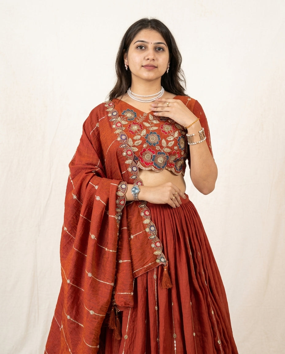Rust Orange Embroidered Lehenga Set