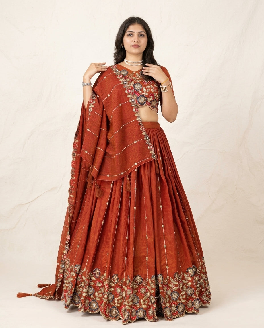 Rust Orange Embroidered Lehenga Set