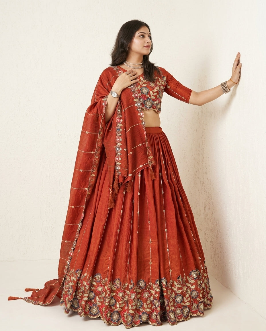 Rust Orange Embroidered Lehenga Set