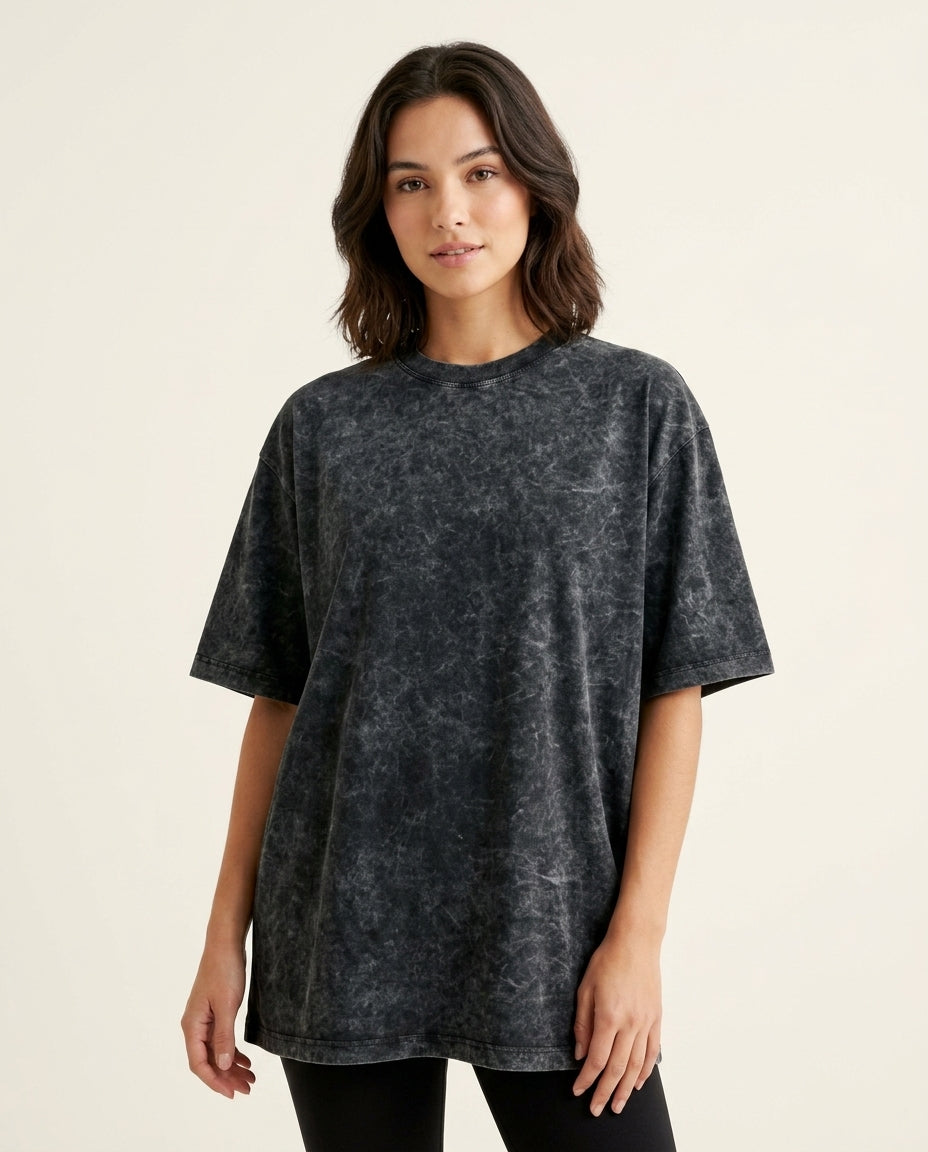Oversized Acid Wash Cotton T-Shirt - Black